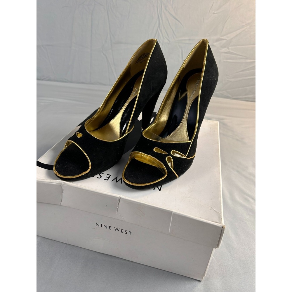 Nine West Women Heels Pumps Size 6.5 Black Gold Peep Toe Stiletto Elegant Chic